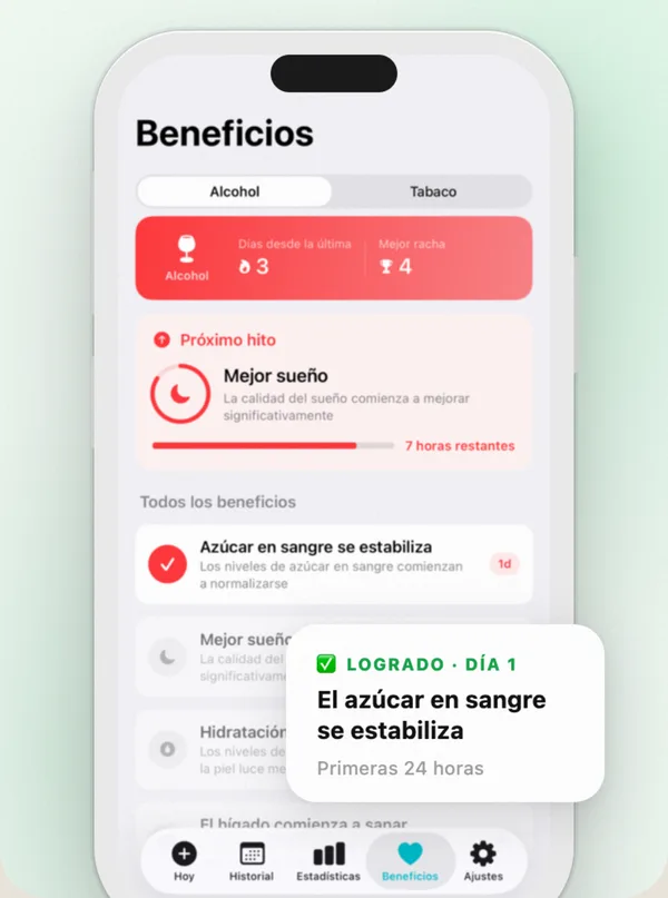 Countrol mostrando la racha sin tabaco, la cronología de hitos de salud y el dinero ahorrado