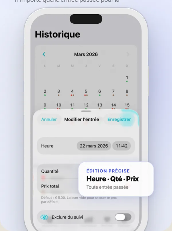 Countrol affichant la série de sobriété en cours, le record personnel et le pourcentage de jours propres