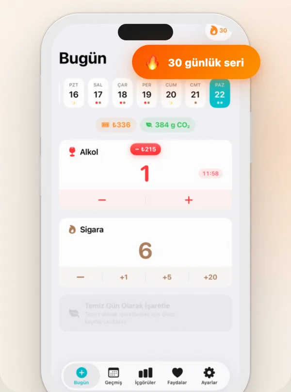 Countrol bir haftalık kayıtlı içkileri, süren alkolsüz seriyi ve yıllık maliyeti gösteriyor